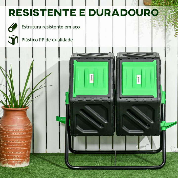 Compostor Giratório de 130L Recipiente de Compostagem de Jardim de Dupla Câmara Compostor com Aberturas de Ventilação e Pés de Aço 67x60x77 cm Preto e Verde