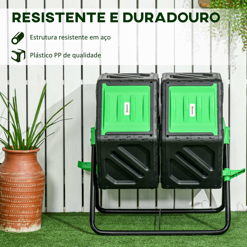 Compostor Giratório de 130L Recipiente de Compostagem de Jardim de Dupla Câmara Compostor com Aberturas de Ventilação e Pés de Aço 67x60x77 cm Preto e Verde