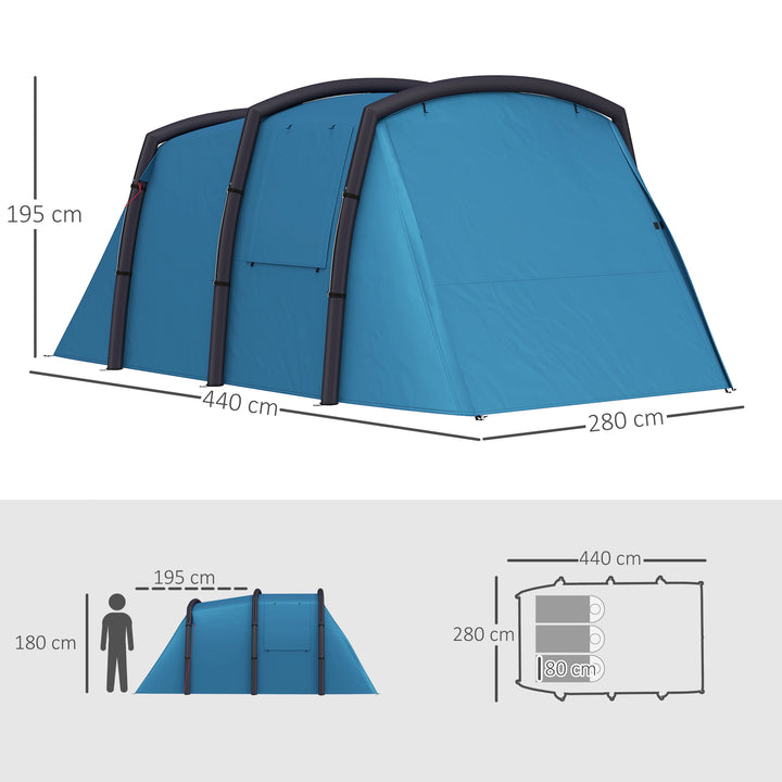 Tenda de Campismo Inflável Familiar Tipo Túnel para 3-6 Pessoas Tenda de Campismo Glamping com Vestíbulo Janelas de Malha e Bolsa de Transporte Proteção UV 50+ Impermeável para Exterior