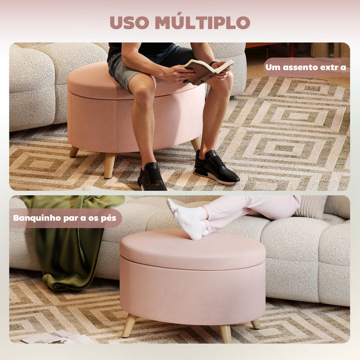 Otomano Puff Estofado em Veludo Acolchoado Banco de Armazenamento com Tampa Removível e Pés de Madeira para Dormitórios Sala de Estar Corredor 71x51,5x42 cm Rosa
