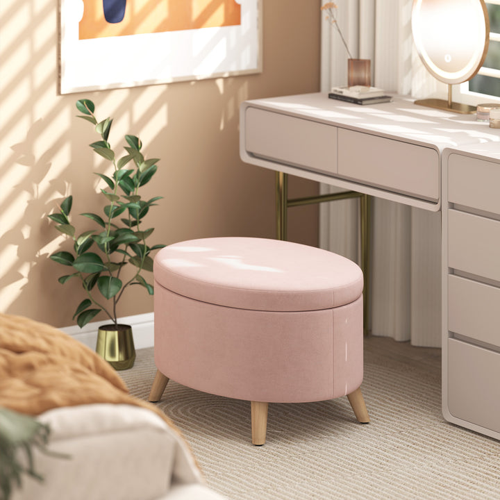 Otomano Puff Estofado em Veludo Acolchoado Banco de Armazenamento com Tampa Removível e Pés de Madeira para Dormitórios Sala de Estar Corredor 71x51,5x42 cm Rosa
