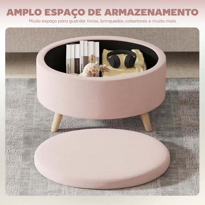 Otomano Puff Estofado em Veludo Acolchoado Banco de Armazenamento com Tampa Removível e Pés de Madeira para Dormitórios Sala de Estar Corredor 71x51,5x42 cm Rosa