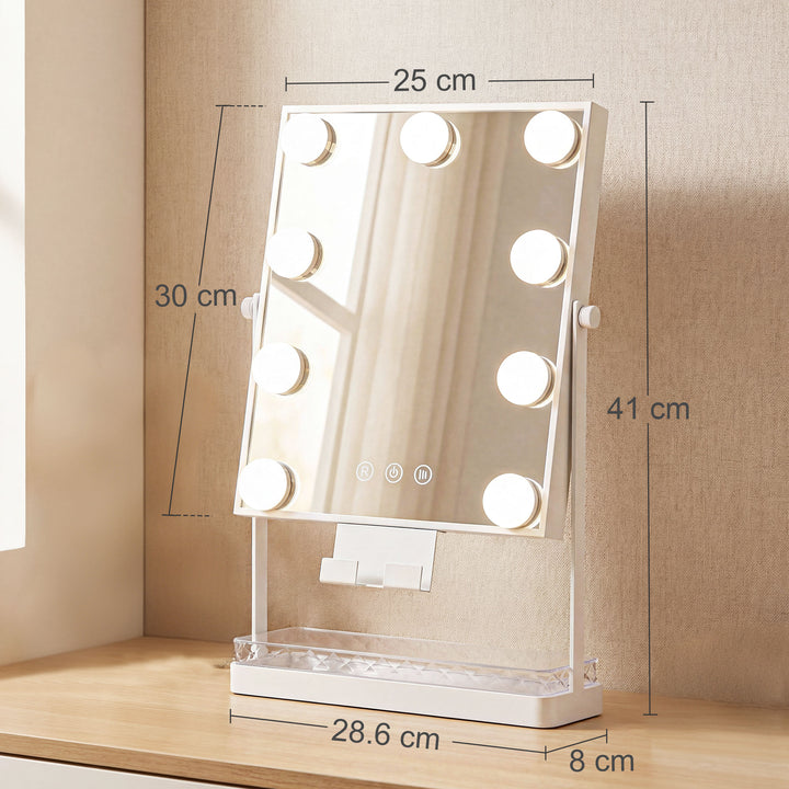 Espelho de Maquilhagem com Luz Espelho de Tocador Giratório com 9 Lâmpadas LED 3 Cores Interruptor Tátil Suporte para Telemóvel e Bandeja Branco