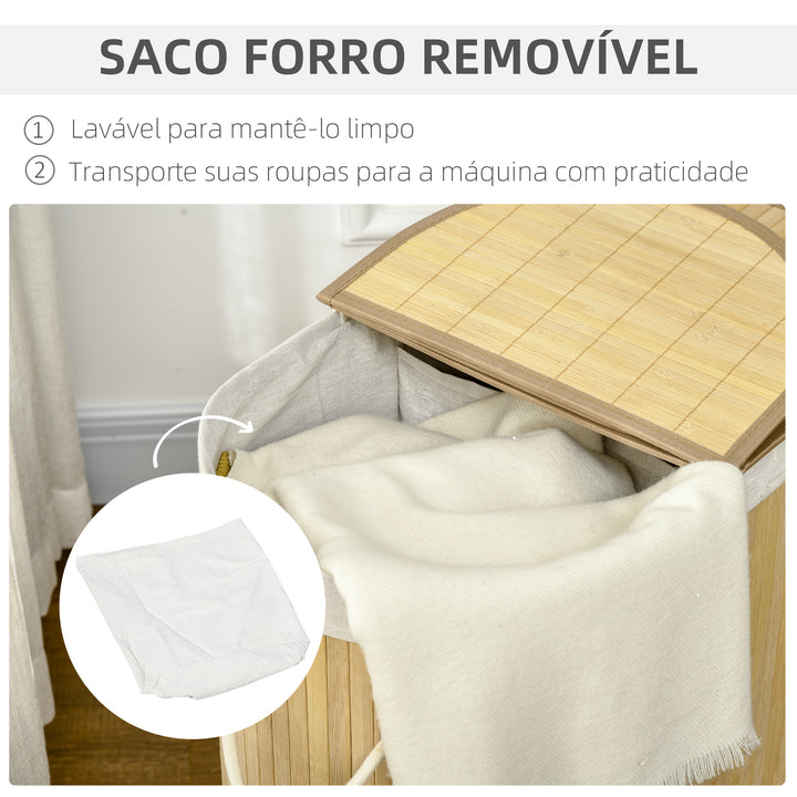Cesto de Roupa Suja com Tampa 100L Cesto de Bambu com 2 Compartimentos Forro Interior Removível e Lavável Alças para Lavandaria Quarto 62,5x37x60,5 cm Madeira