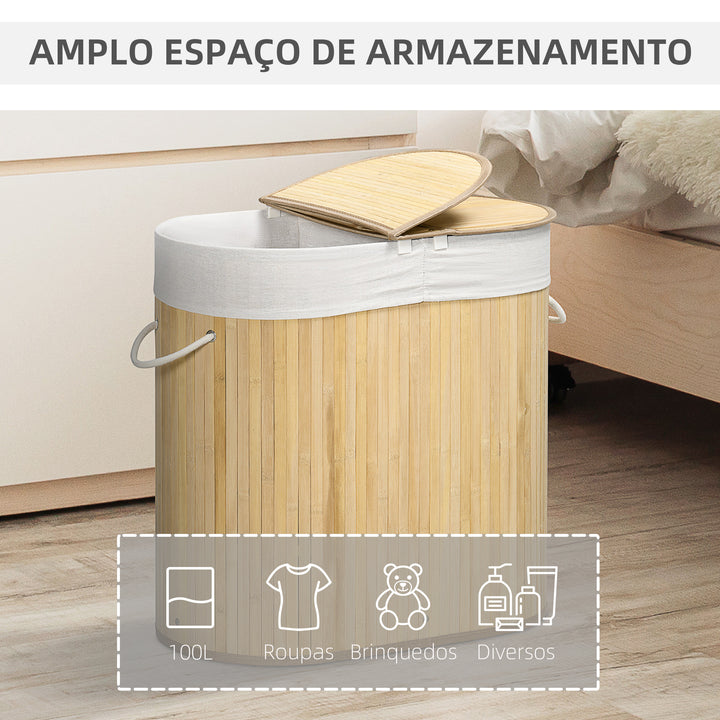 Cesto de Roupa Suja com Tampa 100L Cesto de Bambu com 2 Compartimentos Forro Interior Removível e Lavável Alças para Lavandaria Quarto 62,5x37x60,5 cm Madeira