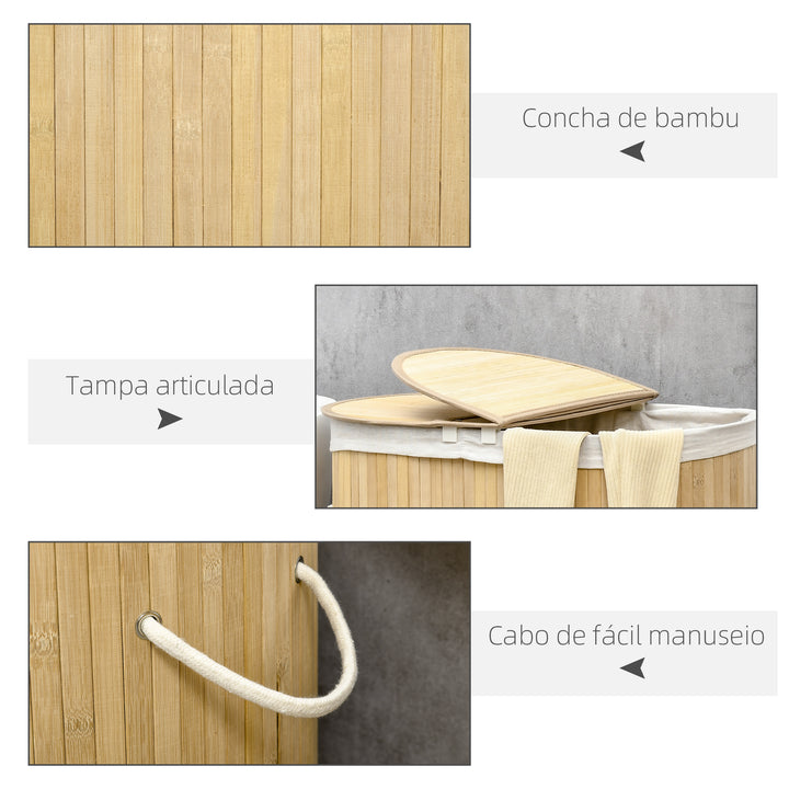 Cesto de Roupa Suja com Tampa 100L Cesto de Bambu com 2 Compartimentos Forro Interior Removível e Lavável Alças para Lavandaria Quarto 62,5x37x60,5 cm Madeira