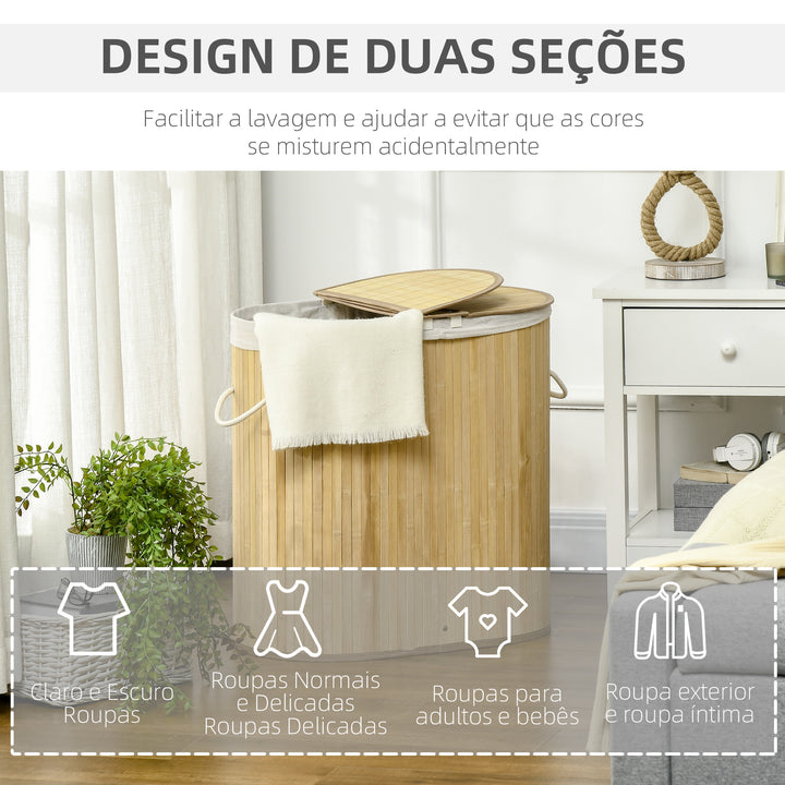 Cesto de Roupa Suja com Tampa 100L Cesto de Bambu com 2 Compartimentos Forro Interior Removível e Lavável Alças para Lavandaria Quarto 62,5x37x60,5 cm Madeira