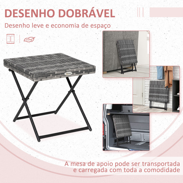 Mesa de Jardim em Vime Sintético Mesa de Terraço Exterior Dobrável com Pés Cruzados e Estrutura de Aço para Pátio Varanda 40x40x40 cm Cinza