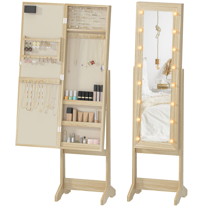 Espelho Joalheiro com Luzes LED Armário para Joias Joalheiro de Pé com Espelho Completo Ângulo Ajustável com Prateleiras Ranuras para Anéis 36x30x136 cm Madeira Natural