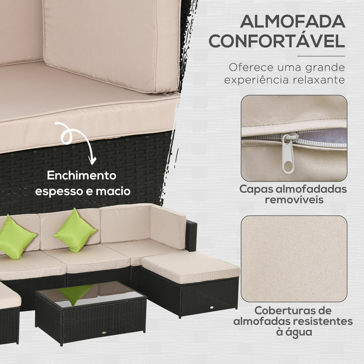 Conjunto de móveis de jardim de vime 7 peças mesa Sofás Tamboretes com almofadas
