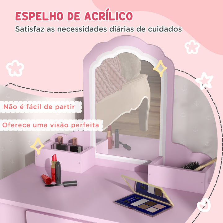 Toucador Infantil para Meninas e Meninos acima de 3 Anos Toucador de Maquilhagem com Banco e Espelho Toucador para Meninas com Gaveta e Caixas de Arrumação em Forma de Nuvem Rosa