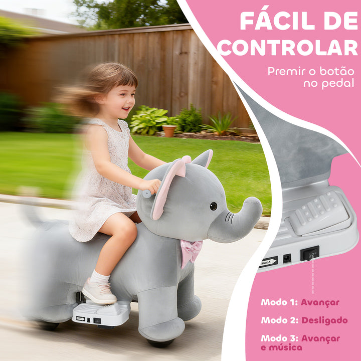 Elefante Elétrico com Música Bateria 6V Veículo de Brinquedo Elétrico Toque Suave Rodas Silenciosas de PU Pedal, Movimento para Frente Presente para Crianças de 1,5 a 5 Anos 74x34x51 cm Cinzento