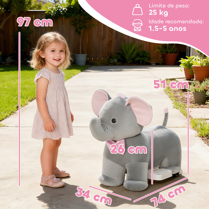 Elefante Elétrico com Música Bateria 6V Veículo de Brinquedo Elétrico Toque Suave Rodas Silenciosas de PU Pedal, Movimento para Frente Presente para Crianças de 1,5 a 5 Anos 74x34x51 cm Cinzento