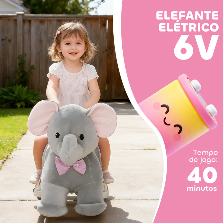 Elefante Elétrico com Música Bateria 6V Veículo de Brinquedo Elétrico Toque Suave Rodas Silenciosas de PU Pedal, Movimento para Frente Presente para Crianças de 1,5 a 5 Anos 74x34x51 cm Cinzento