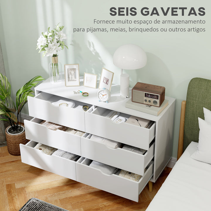 Cómoda com 6 Gavetas e Pés Elevados Cómoda para Dormitório Sala de Estar Estilo Moderno Anti-Tombo 120x40x76 cm Branco