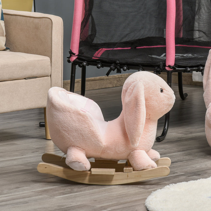 Baloiço Infantil com Forma de Coelho de Pelúcia Baloiço para Bebés 18-36 Meses com Som Cinto de Segurança Guidão e Apoio para os Pés 60x33x50cm Rosa