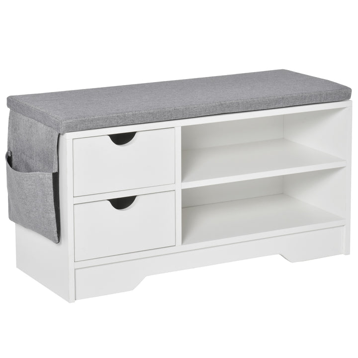 Banco Sapateiro com Assento 2 Prateleiras Bolso Almofada Amovível e 2 Gavetas Banco de Entrada Capacidade para 4 Pares de Sapatos para Entrada Corredor Moderno 80,5x30,5x43,5 cm Branco e Cinza