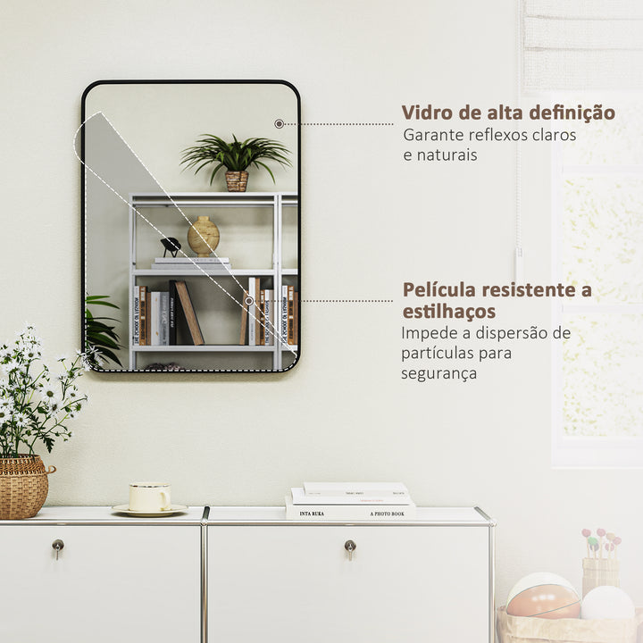 Espelho Casa de Banho 60x80 cm Espelho Retangular Espelho de Parede com Estrutura de Metal Vertical e Horizontal para Entrada Sala de Estar Preto