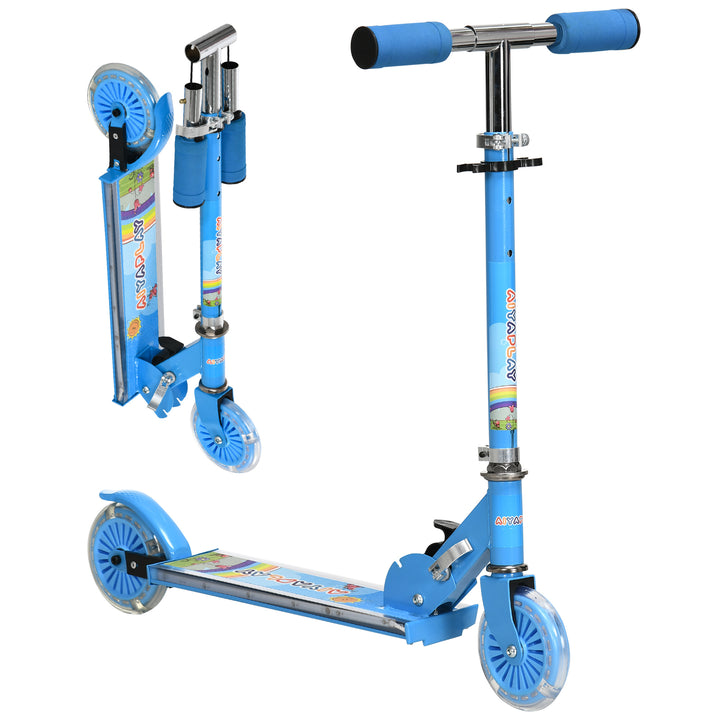 Trotinete para Crianças Dobrável Trotinete Infantil com Luzes e Música 4 Alturas Ajustável Rodas Brilhantes e Pedal LED para 3-7 Anos Carga 50 kg 67x32x65-78 cm Azul