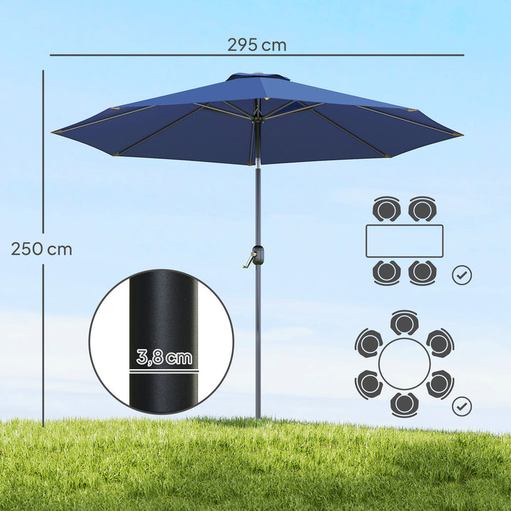 Chapéu de Sol de Jardim Ø295x250 cm com Manivela Chapéu de Sol Exterior com Mecanismo de Inclinação e Mastro Desmontável de Metal para Terraço Piscina Pátio Azul