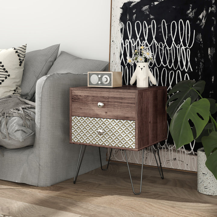 Mesa de Cabeceira com 2 Gavetas Mesa de Noite com Pés de Aço Estilo Boémio Mesa de Cabeceira para Quarto Sala de Estar 45x39x55,5 cm Marrom