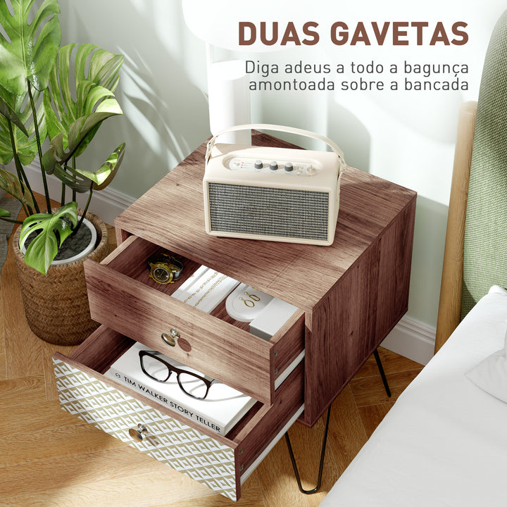 Mesa de Cabeceira com 2 Gavetas Mesa de Noite com Pés de Aço Estilo Boémio Mesa de Cabeceira para Quarto Sala de Estar 45x39x55,5 cm Marrom