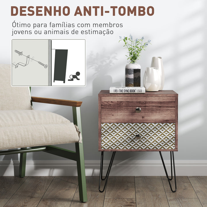 Mesa de Cabeceira com 2 Gavetas Mesa de Noite com Pés de Aço Estilo Boémio Mesa de Cabeceira para Quarto Sala de Estar 45x39x55,5 cm Marrom
