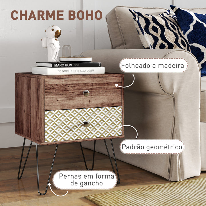 Mesa de Cabeceira com 2 Gavetas Mesa de Noite com Pés de Aço Estilo Boémio Mesa de Cabeceira para Quarto Sala de Estar 45x39x55,5 cm Marrom
