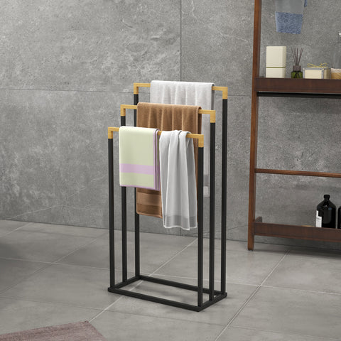 Toalheiro de Pé de 3 Níveis Toalheiro em Forma de Escada com 3 Barras de Bambu e Estrutura de Aço para Casa de Banho 45x22,5x86 cm Preto e Natural