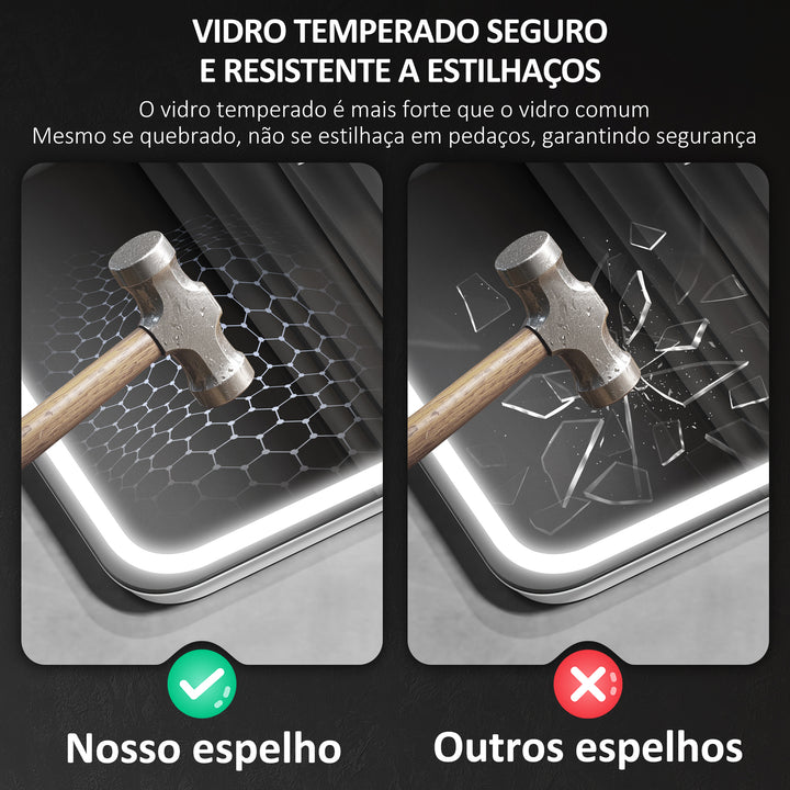 Espelho de Casa de Banho com Luz LED 80x60 cm Espelho de Parede com Bluetooth 3 Cores de Luz Relógio Digital Função Antiembaciamento Função de Memória Interruptor Tátil IP44 Prata