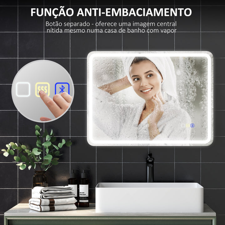 Espelho de Casa de Banho com Luz LED 80x60 cm Espelho de Parede com Bluetooth 3 Cores de Luz Relógio Digital Função Antiembaciamento Função de Memória Interruptor Tátil IP44 Prata