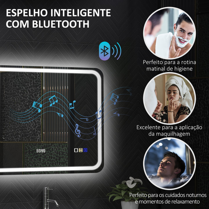 Espelho de Casa de Banho com Luz LED 80x60 cm Espelho de Parede com Bluetooth 3 Cores de Luz Relógio Digital Função Antiembaciamento Função de Memória Interruptor Tátil IP44 Prata