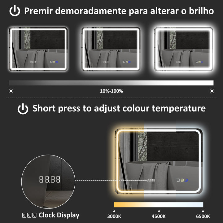 Espelho de Casa de Banho com Luz LED 80x60 cm Espelho de Parede com Bluetooth 3 Cores de Luz Relógio Digital Função Antiembaciamento Função de Memória Interruptor Tátil IP44 Prata