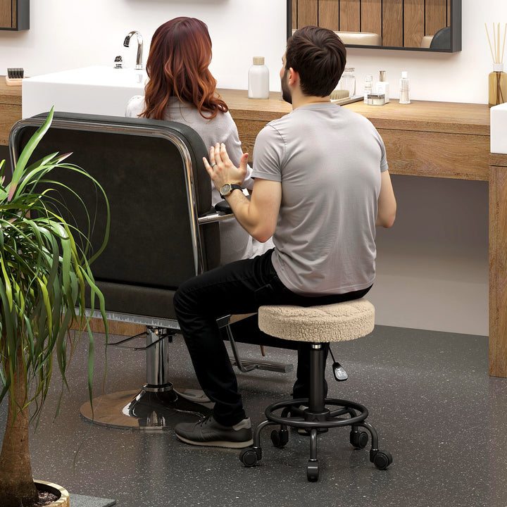 Banco Giratório Redondo Banco com Rodas Altura Regulável 50-66 cm Assento Estofado em Tecido tipo Borreguito para Salões Oficinas Spa Massagem Marrom Claro