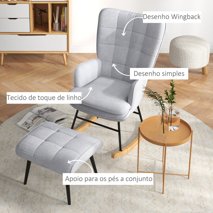 Conjunto de Poltrona Baloiço com Apoio para os Pés Poltrona Relax com Almofada Acolchoada e Anti-Tombo Carga 130 kg Sala de Estar Dormitório 64x89x90 cm Cinzento