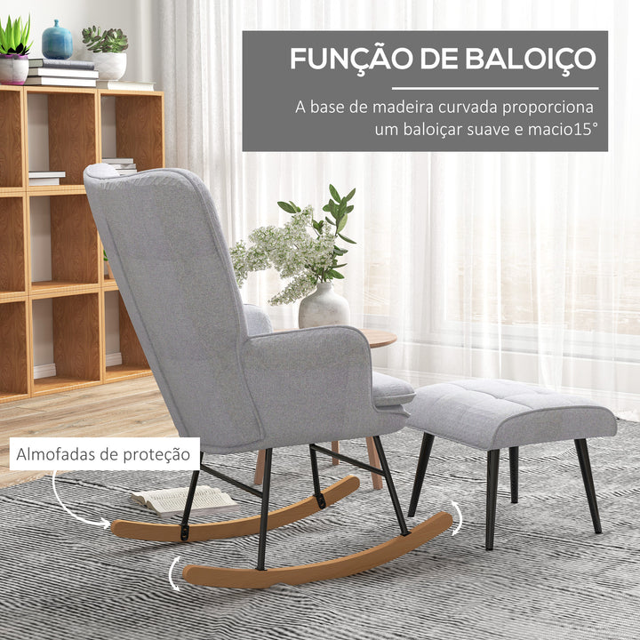 Conjunto de Poltrona Baloiço com Apoio para os Pés Poltrona Relax com Almofada Acolchoada e Anti-Tombo Carga 130 kg Sala de Estar Dormitório 64x89x90 cm Cinzento