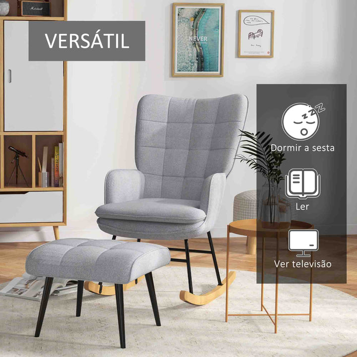 Conjunto de Poltrona Baloiço com Apoio para os Pés Poltrona Relax com Almofada Acolchoada e Anti-Tombo Carga 130 kg Sala de Estar Dormitório 64x89x90 cm Cinzento