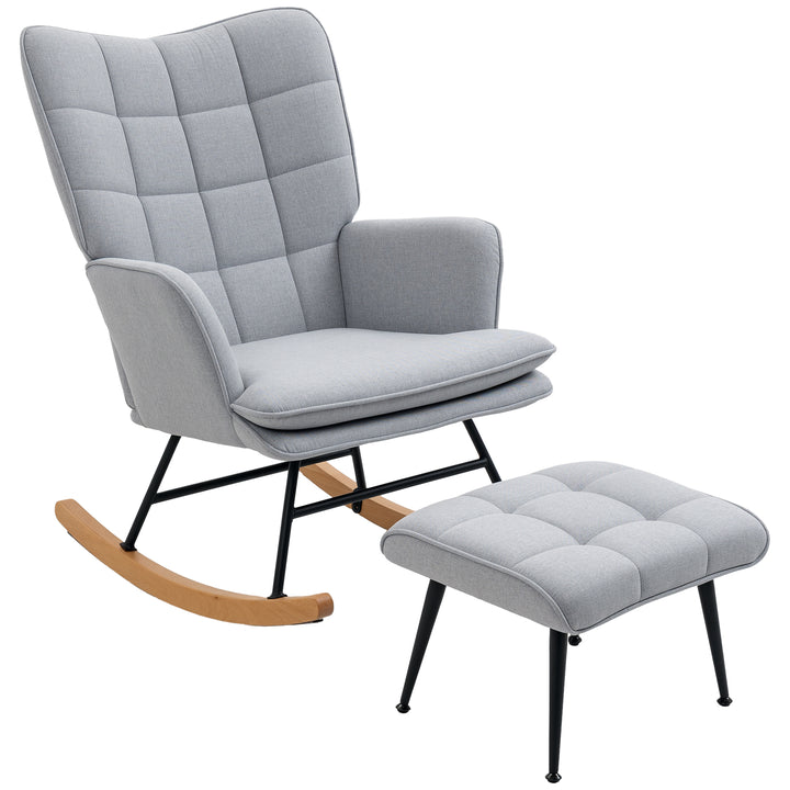 Conjunto de Poltrona Baloiço com Apoio para os Pés Poltrona Relax com Almofada Acolchoada e Anti-Tombo Carga 130 kg Sala de Estar Dormitório 64x89x90 cm Cinzento