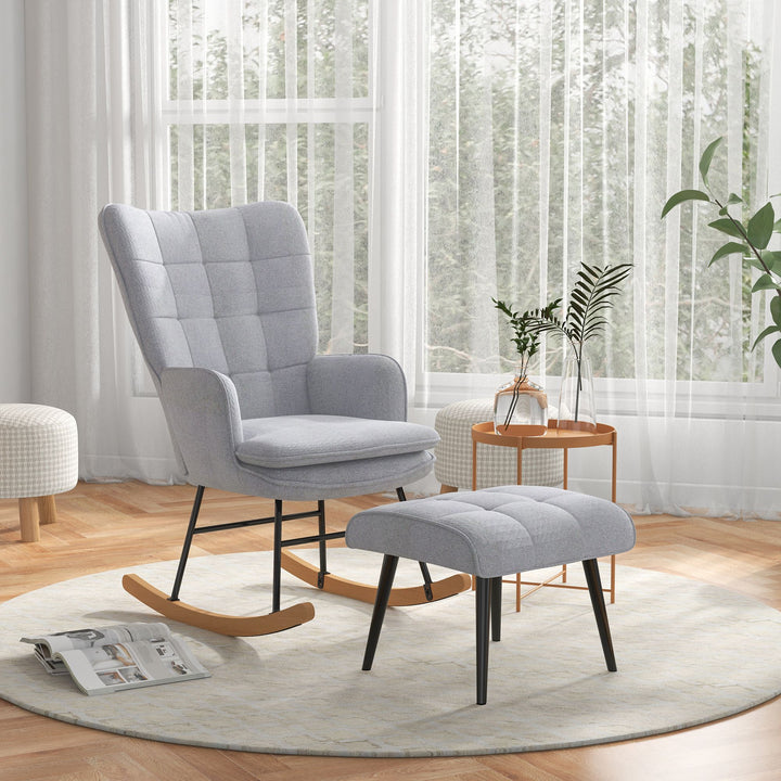 Conjunto de Poltrona Baloiço com Apoio para os Pés Poltrona Relax com Almofada Acolchoada e Anti-Tombo Carga 130 kg Sala de Estar Dormitório 64x89x90 cm Cinzento