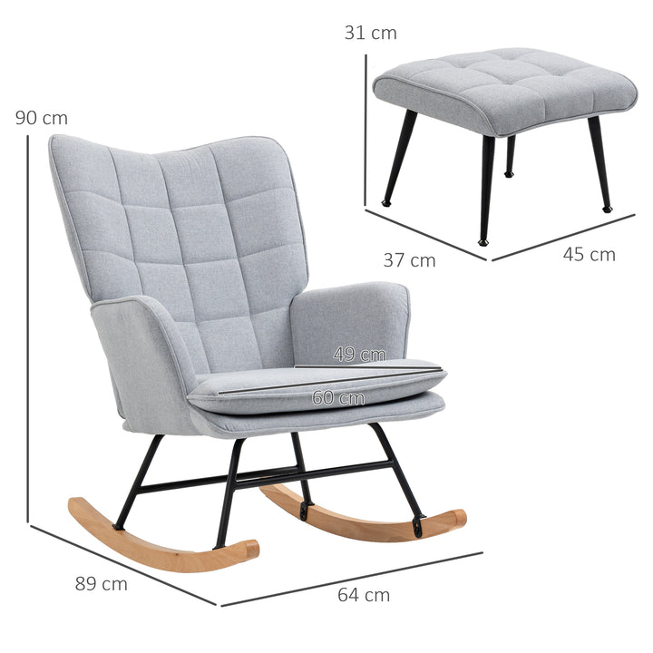 Conjunto de Poltrona Baloiço com Apoio para os Pés Poltrona Relax com Almofada Acolchoada e Anti-Tombo Carga 130 kg Sala de Estar Dormitório 64x89x90 cm Cinzento