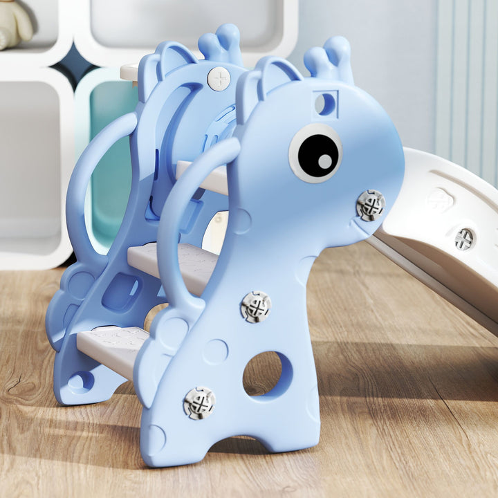 Escorrega Infantil 3 em 1 Escorrega para Crianças de 1 a 3 Anos com Escada Tabela de Basquetebol e Desenho de Girafa para Interior 106x51,5x52 cm Azul Claro