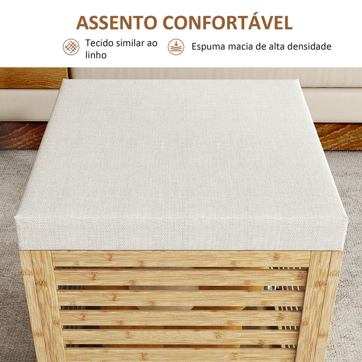 Banco com Armazenamento para Dormitório 57,7L Banco com Arrumação Estofado em Linho Sintético com Estrutura em Bambu para Entrada Sala de Estar 40x40x47 cm Cinza e Madeira