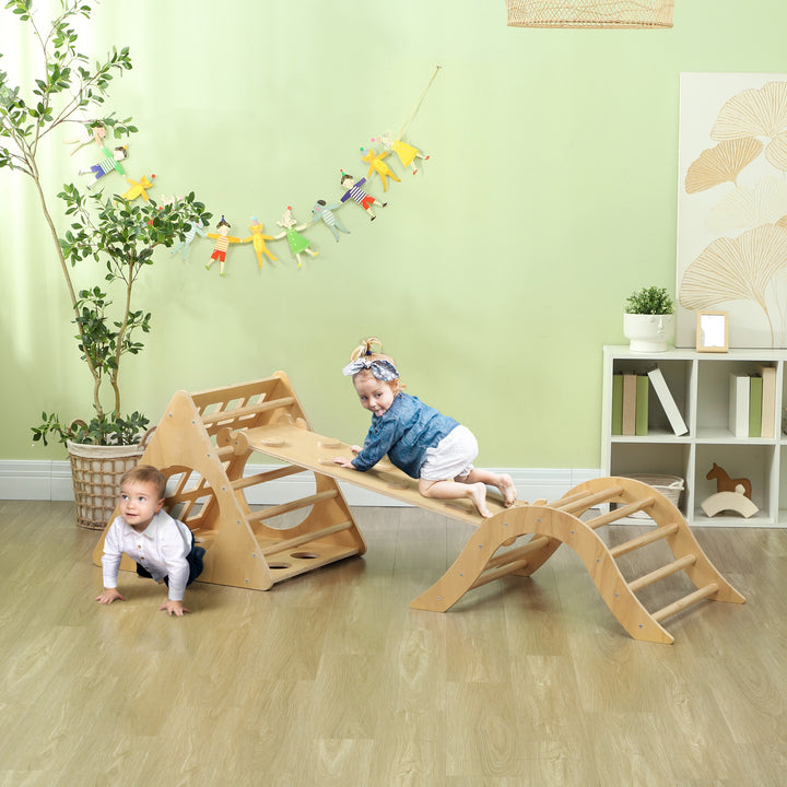 Triângulo de Escalar de Madeira 8 em 1 Jogo de Aprendizagem para Crianças de 18-48 Meses com Rampa Escada em Forma de Arco e Bolsa de Areia 175x59,5x60 cm Madeira