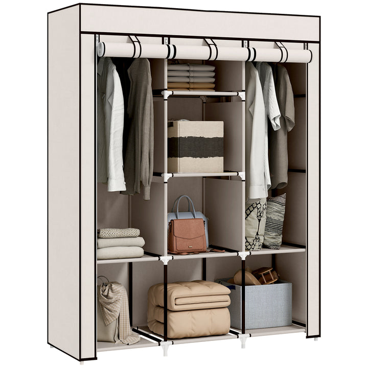 Roupeiro de Tecido Dobrável Armário Portátil com 8 Prateleiras de Armazenamento e 2 Barras de Pendurar Organizador de Roupa para Dormitório Vestidor 125x43x162,5cm Creme
