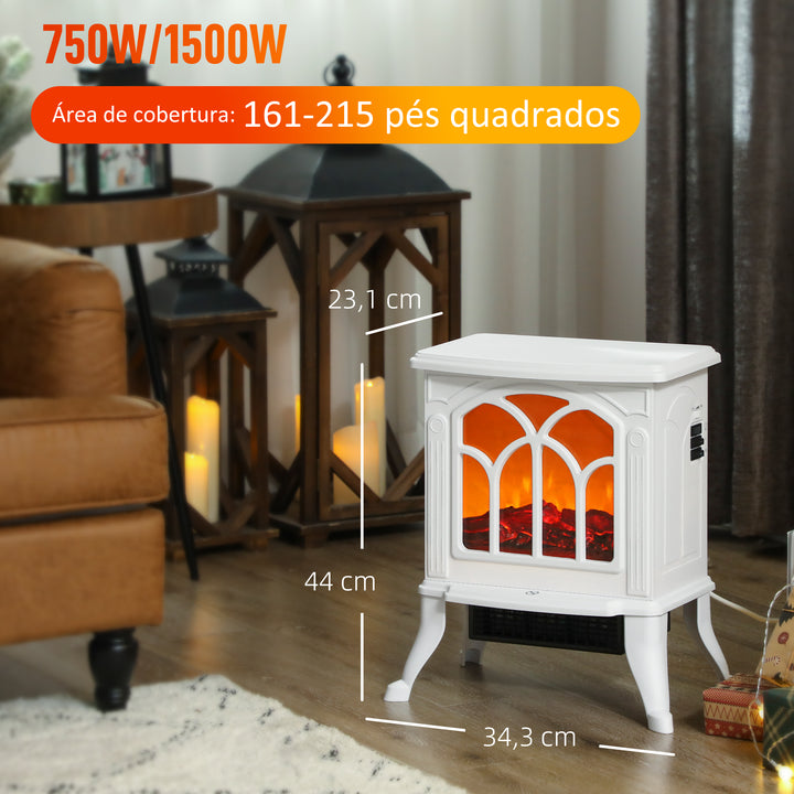 Lareira Elétrica 750/1500 W Lareira Decorativa com 2 Níveis de Potência Efeito Chama Proteção contra Sobreaquecimento Área de Cobertura 15-20 m² 37,3x23,1x44 cm Branco
