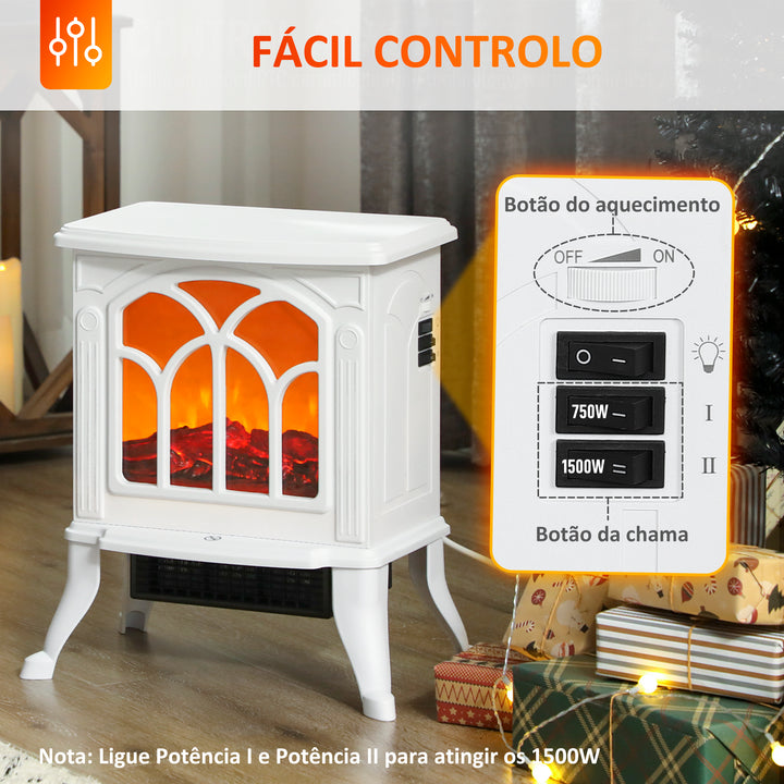 Lareira Elétrica 750/1500 W Lareira Decorativa com 2 Níveis de Potência Efeito Chama Proteção contra Sobreaquecimento Área de Cobertura 15-20 m² 37,3x23,1x44 cm Branco