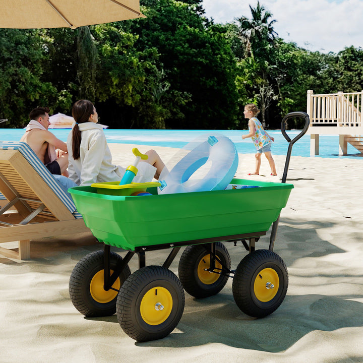 Carrinho de Jardim com Caçamba Inclinável até 75° Carrinho de Mão com Guiador Ajustável e 4 Pneus Capacidade Máxima 75L Aço 109x52x94 cm Verde Escuro