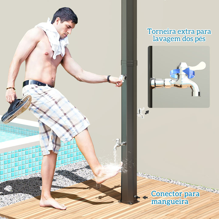 Duche de Jardim Solar 35 L Duche Solar Exterior com 2 Cabeçais Giratórios Torneiras para Pés e Água Quente Até 55 °C para Piscina Campismo Pátio 73x18x217 cm Preto