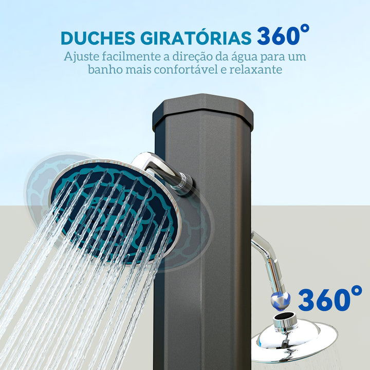 Duche de Jardim Solar 35 L Duche Solar Exterior com 2 Cabeçais Giratórios Torneiras para Pés e Água Quente Até 55 °C para Piscina Campismo Pátio 73x18x217 cm Preto