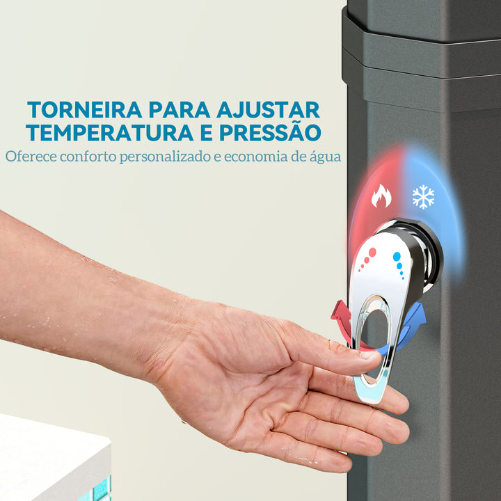 Duche de Jardim Solar 35 L Duche Solar Exterior com 2 Cabeçais Giratórios Torneiras para Pés e Água Quente Até 55 °C para Piscina Campismo Pátio 73x18x217 cm Preto